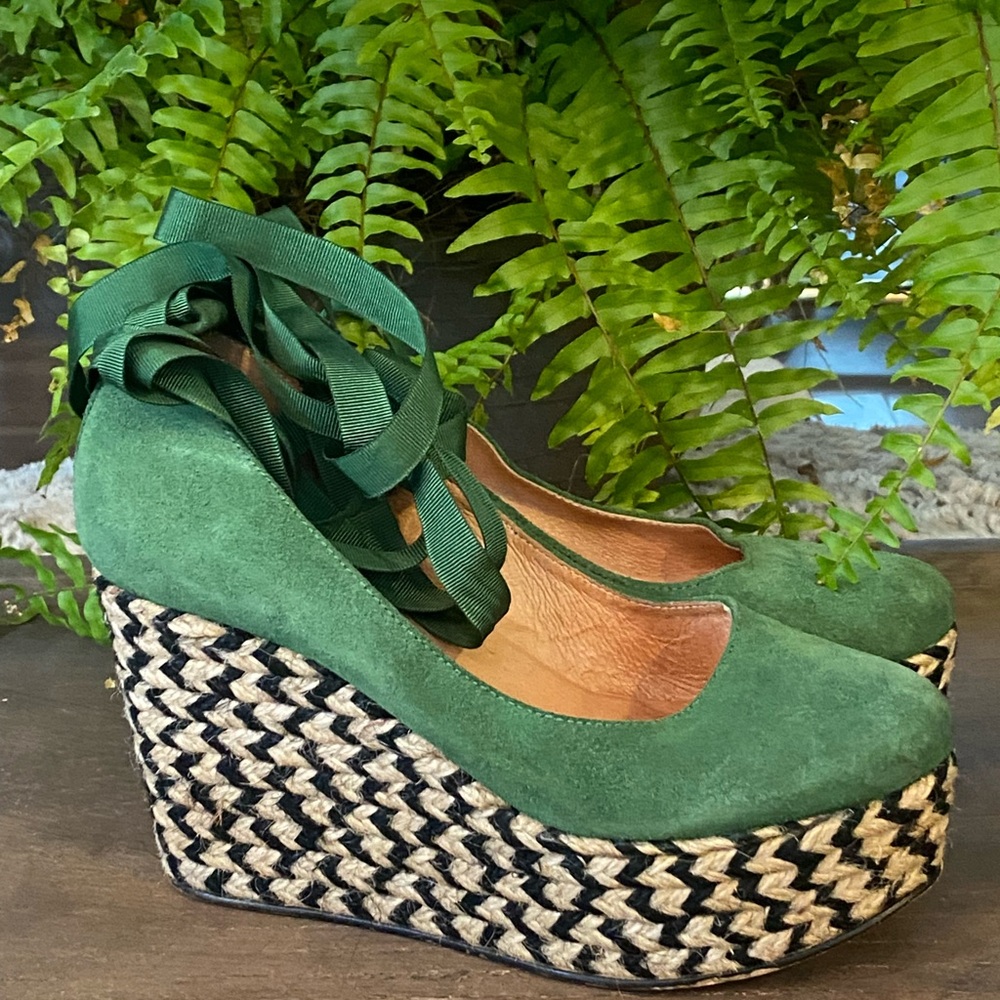 Free People Green Suede Espadrille Wedge Platforms